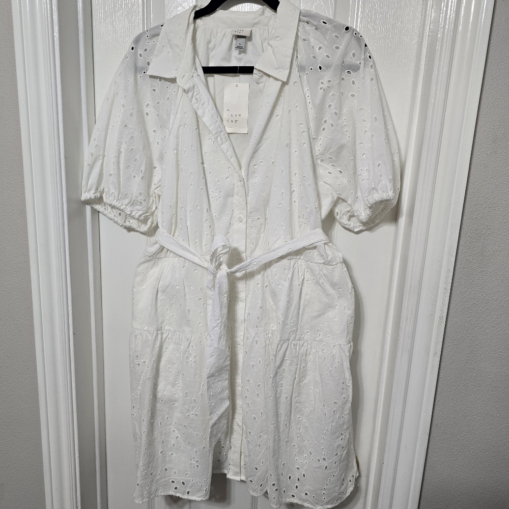White Eyelet Dress With Pockets and Buttons